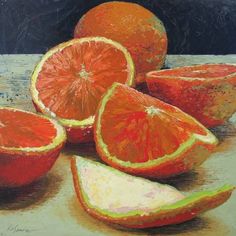 a painting of oranges cut in half on a wooden table with one slice missing