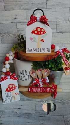 a three tiered planter filled with plants and decorations for a wild growth birthday party