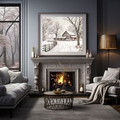 a living room filled with furniture and a fire place in front of a painting on the wall