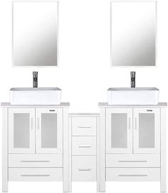 two white sinks and mirrors in front of each other