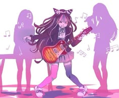 a girl with long hair playing an electric guitar in front of two other girls standing behind her