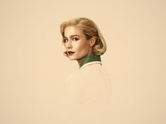 a painting of a woman with blonde hair wearing a white coat and green collared shirt