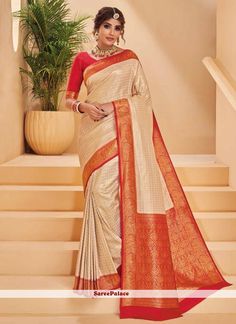 Saree For Engagement, Latest Silk Sarees, Kanjivaram Saree, Alabaster White, Beautiful Sarees, Indian Silk Sarees, Ready To Wear Saree, Buy Sarees Online, Net Saree