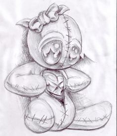 a drawing of a teddy bear with a bow on it's head and eyes