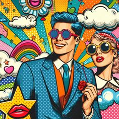 a man and woman are standing in front of a colorful background with stars, clouds, sun glasses and rainbows