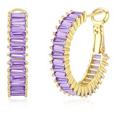 PRICES MAY VARY. 【FASHION DESIGN】Our Purple Lavender Hoop Earrings are one of the biggest jewelry trends right now! A Hollywood favorite style, a sparkling row of rhinestones adorn each split hoop of precious metal. Stunningly beautiful and effortless, these Purple Amethyst Earrings are perfect for everyday wear. 【SIZE】Size of the purple cubic zirconia hoop earrings measure 25mm, lightweight, perfect size, comfortable and easy to wear. 【MATERIAL QUALITY】Genuine 925 sterling silver, AAAAA+ Qualit Purple Diamond Earrings, Chunky Silver Earrings, Lavender Jewelry, Lavender Jewellery, Baguette Earrings, Purple Amethyst Earrings, Lavender Earrings, Purple Opal, Diamond Earrings For Women