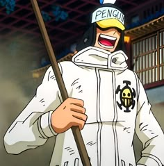 a cartoon character holding a stick and wearing a white jacket with the word penguin on it