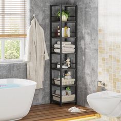 a bathroom with a bathtub, sink and shelving unit