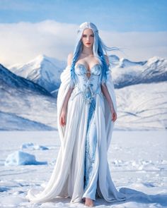 a woman with blue hair and white dress standing in the snow