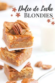 three pieces of pecan blondies stacked on top of each other