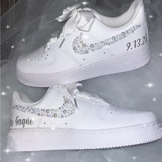 Your Custom Bridal Shoes Will Include Both Swishes On Outside Name, Date And Satin Laces. You Can Also Check Out My Facebook Page For More Options At Designs By Amy. Wedding Nikes Bride, Wedding Shoes Trainers, Wedding Nike Shoes, Nike Wedding Shoes, Wedding Trainers, Bling Nike, Bling Nike Shoes, Shoes For Brides