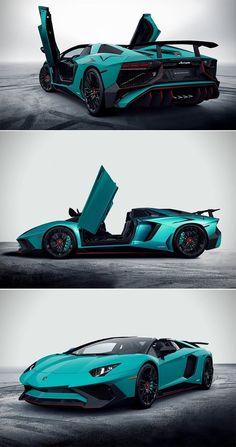 three different views of a blue sports car