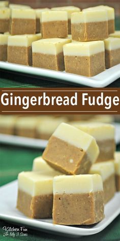 gingerbread fudge on a white plate with text overlay that says gingerbread fudge