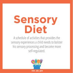 Sensory Diet: A schedule of activities that provides the sensory experiences a child needs to bolster his sensory processing and become more self-regulated. Feeding Therapy, Escalated Quickly, Sensory Tools, Sensory Integration