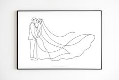 a black and white drawing of a bride and groom