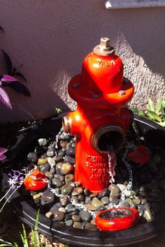 a red fire hydrant sitting next to a planter filled with rocks and water