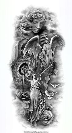 a black and white drawing of an angel holding a clock with roses in the background