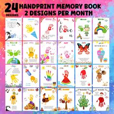 24 handprint memory book designs per month for kids to print and color on the page