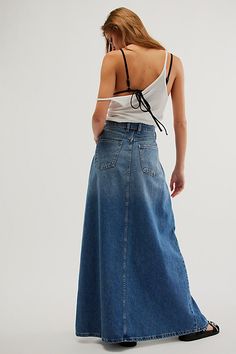 Forever cool and classic denim maxi from our We The Free collection. **Fit:** Mid-rise, A-line silhouette and rigid denim **Features:** Zip fly and button closure, four-pocket design, inverted yoke seam at front, raw-edge hem **Why We | We The Free Come As You Are Denim Maxi Skirt at Free People in Medium Wash, Size: US 10 Maxi Skirts Summer, Diy Skirt, Denim Maxi, Embellished Denim, Denim Maxi Skirt, Maxi Skirts, Midi Maxi Dress, Sapphire Blue, Romper Pants