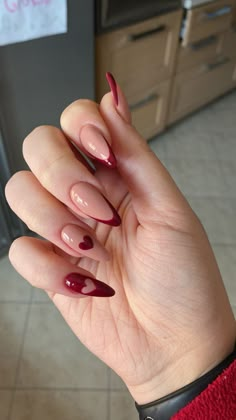 Valentine’s Day Nail Aesthetic, Nails Art Valentines Day, Valentine’s Day Nails Acrylic Red, Red Pink Valentines Day Nails, Nail Design Elegant Classy, Valintens Nail Ideas Almond, Deep Red Valentine Nails, Dark Valentine’s Day Nails, Long Almond Nails Valentines Day