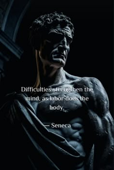 a statue with a quote on it that reads, difficultes strength the mind, labor - does the body