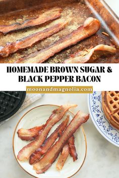 Homemade bacon on stone baking sheet and on a decorative plate with text "Homemade Brown Sugar & Black Pepper Bacon" Homemade Bacon Recipes, Bacon Rub Recipe, Flavored Bacon Recipes, Curing Bacon, Pepper Bacon, Homemade Bacon, Homemade Sloppy Joes