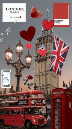 the big ben clock tower towering over london with red bus and british flag on it