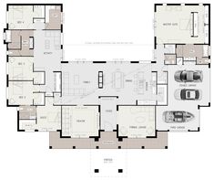 the floor plan for an apartment with two car garages and three living areas on each side