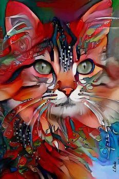 a painting of a cat with green eyes and red flowers on it's face