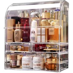 If you are looking for a big sized professional makeup cosmetic organizer, this is the right one for you. It has a very big capacity and can hold your makeups, cosmetics in a beautiful professional style. One piece without assembly, integrated molding organizer. So it is very stable and durable. Moisture, dust free, suitalbe for use in any place. With aesthetic art design, it is not only a makeup organizer, but also a professional cosmetic display. Rebrilliant Finish: Clear | Rebrilliant Black P Makeup Case Organization, Alat Makeup, Acrylic Organizer Makeup, Jewelry Display Box, Makeup Storage Box, Acrylic Storage, Cosmetic Display, Bath Storage, It Cosmetics