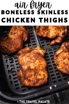 air fryer with chicken thighs in it and text overlay