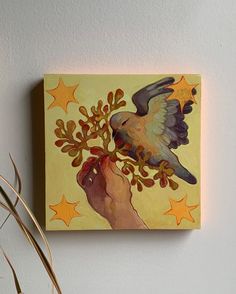 a painting of a bird perched on top of a tree branch with stars around it