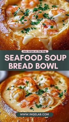 seafood soup bread bowl with shrimp on top