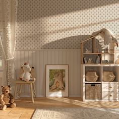 a teddy bear sitting on a stool in a room with wallpapered walls and flooring