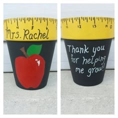 two pots with measuring tape and an apple painted on them, each one has a teacher's message