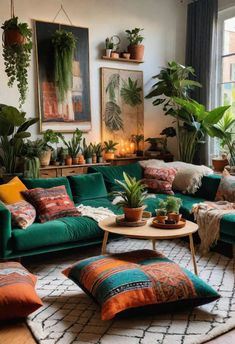 a living room filled with green couches and potted plants