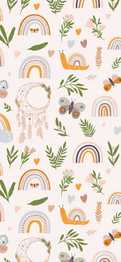 an image of a pattern with birds and rainbows on the back ground in pastel colors