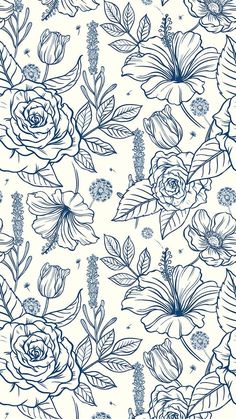 a blue and white flower pattern on a white background, with lots of flowers in the middle