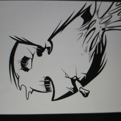 a black and white drawing of an angry cat