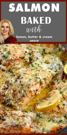 salmon baked with lemon, butter and cream sauce