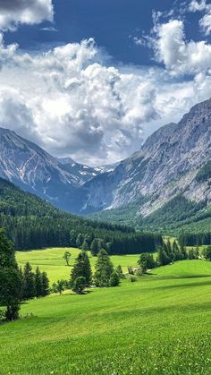 the mountains are covered with green grass and trees in the foreground, under a partly cloudy sky