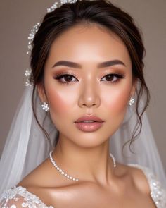 a woman wearing a wedding dress and veil with pearls on her head is looking at the camera