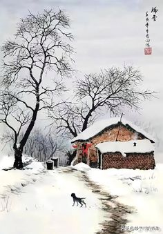 a painting of a dog running in the snow near a house with a red door