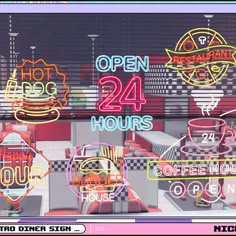 neon signs advertise coffee shops and restaurants in an animated video game screen shot