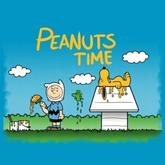 a cartoon character is standing in front of a house with peanuts time written on it