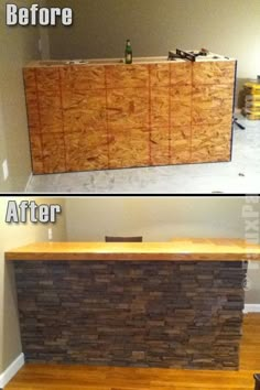 before and after pictures of a bar made out of wood