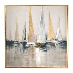 a painting with sailboats on the water in gold and silver colors, is hanging on a wall