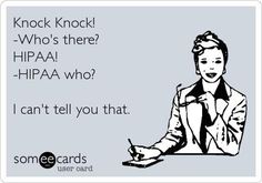 a woman sitting at a table in front of a sign that says knock knock who's there hipaa - hipaa who? i can't tell you that