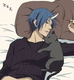 an anime character with blue hair is holding a black cat in his lap while laying on the bed