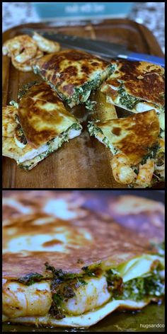 there are two different pictures of food on the same pancake, one with spinach and cheese